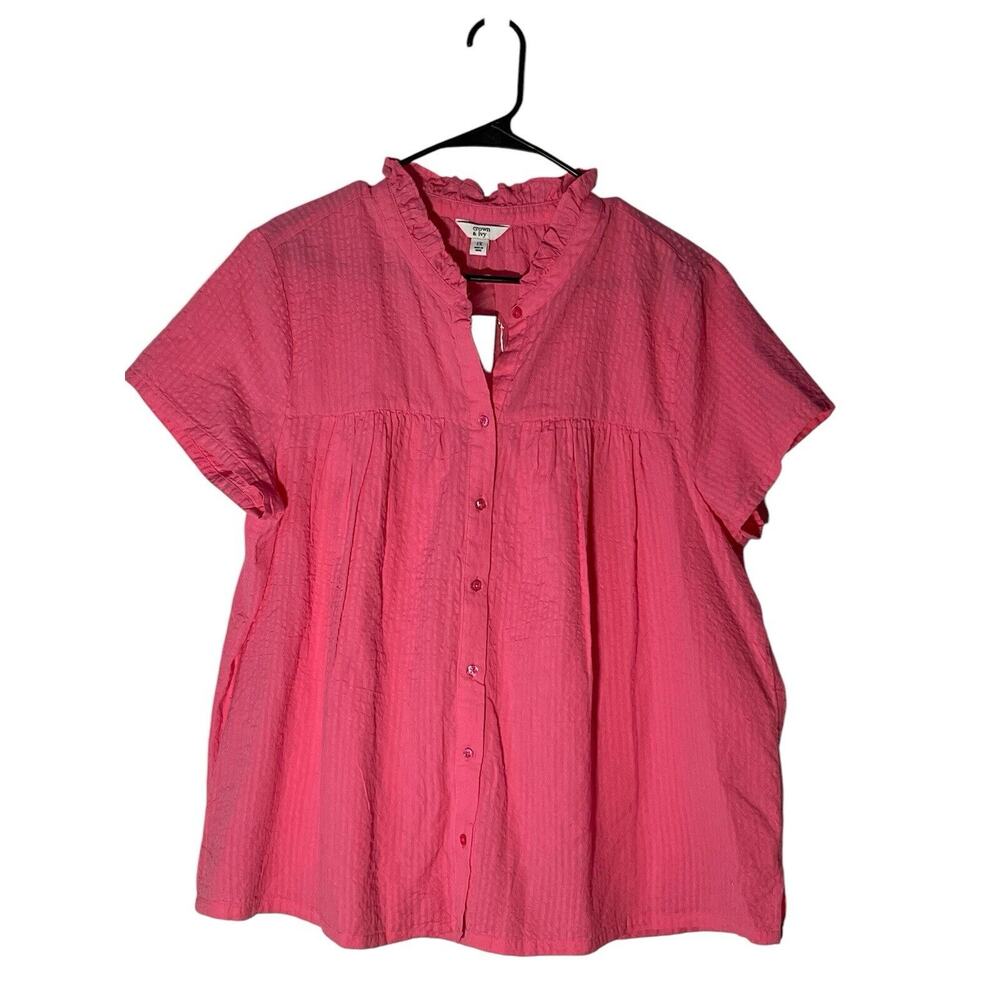 Crown & ivy Women’s Pink Ruffle Neck Button Up Short Sleeve Size 1X Blouse NWT